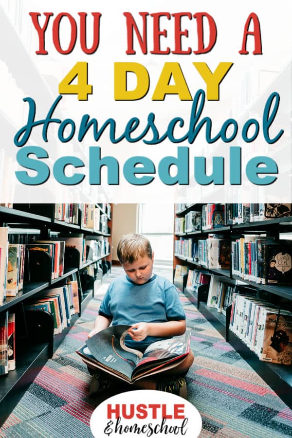 You need a 4 day homeschool schedule because it works! Boy reading a book at the library.