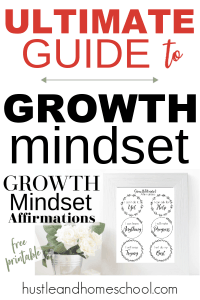 text reads ultimate guide to growth mindset, followed by a photo with a plant a picture frame with a free printable growth mindset affirmations