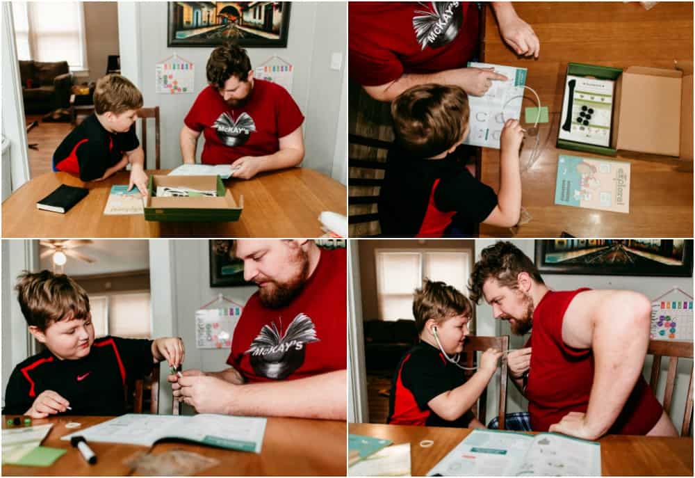 Dad and son spending quality time together doing projects from the Kiwi Crate subscription box.