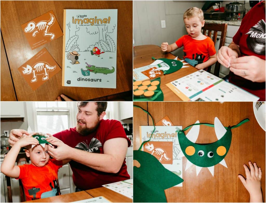 Dad and son doing dinosaur projects from the koala crate subscription box.