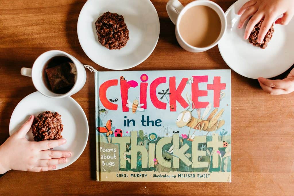 poetry teatime with cups of tea, cookies, and cricket in the thicket poetry book. poetry teatime for homeschoolers.