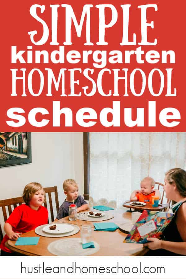 This is our simple kindergarten homeschool schedule with tips to personalize it for your family! Picture of mom and 3 boys sitting at the table homeschooling.