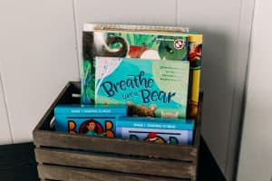 Morning basket with Bob books, breathe like a bear, and other books.