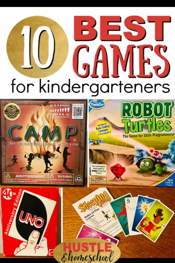 10 best board games for kindergarteners with pictures of games: camp, robot turtles, uno, and sleeping queens