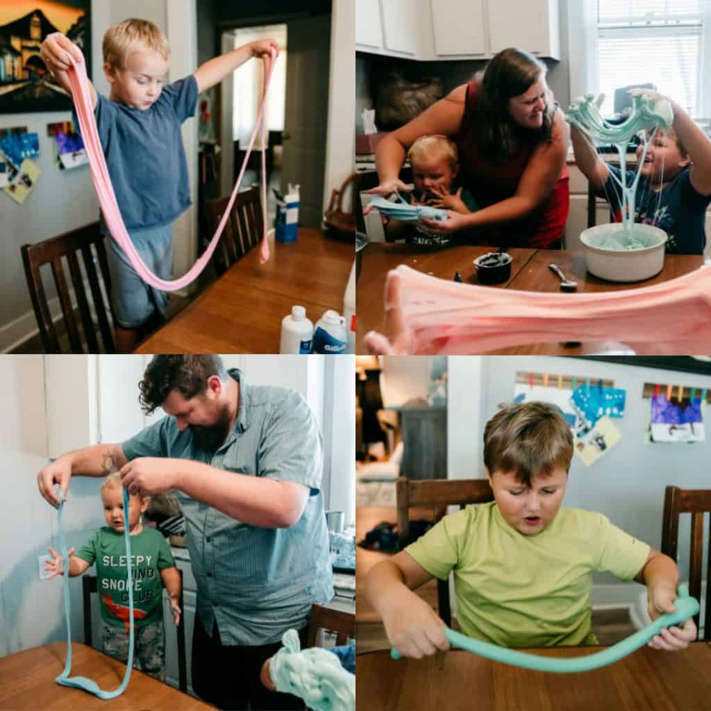 Collage of 3 kids making and playing with fluffy slime.