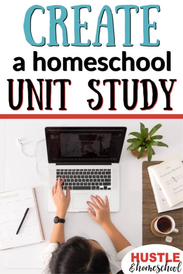 Create a Unit Study for your Homeschool - woman's hands typing on computer with notebook beside her.