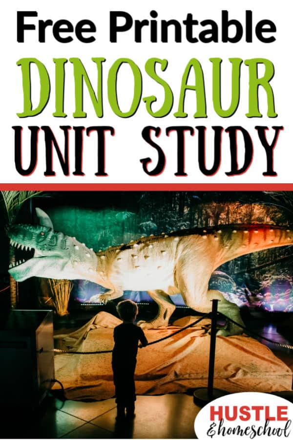 Free Printable Dinosaur Unit Study for homeschoolers, boy looking at animatronic dinosaur