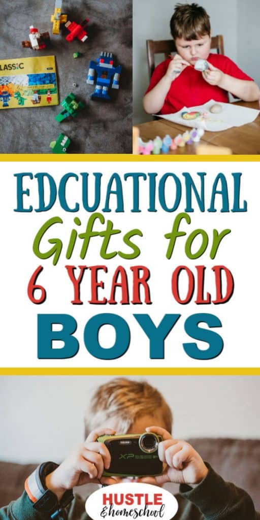 Educational Gifts for 6 year old boys with pictures of boy with a camera, legos, and boy painting.