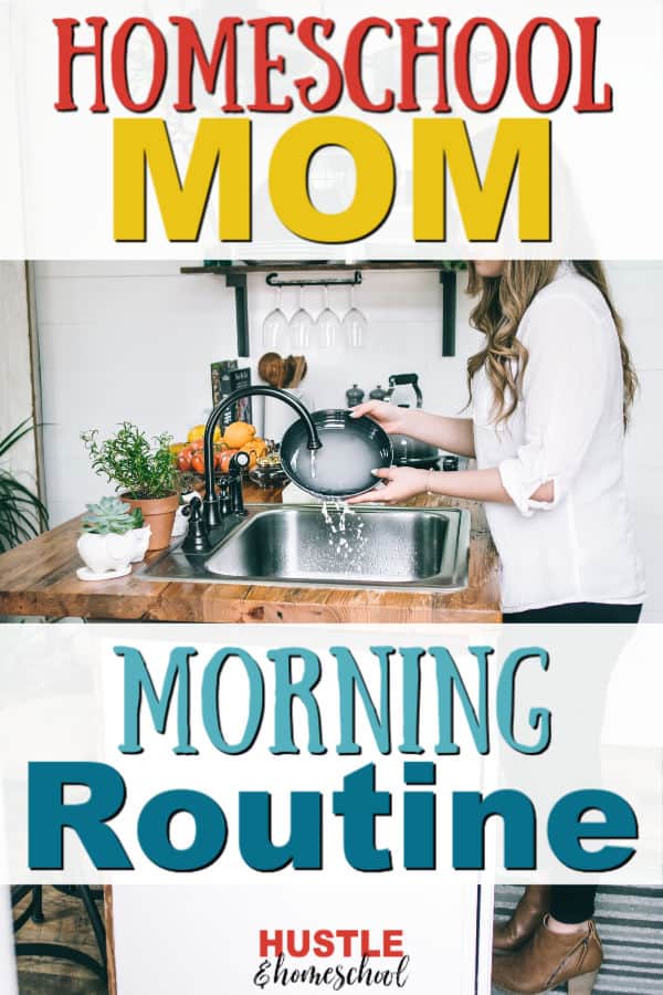 Homeschool Mom Morning Routine overlay on picture of woman doing the dishes in a sink with potted plants in front of her.