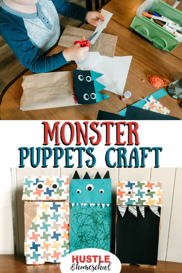 Boy making monster puppets and 3 monster puppets