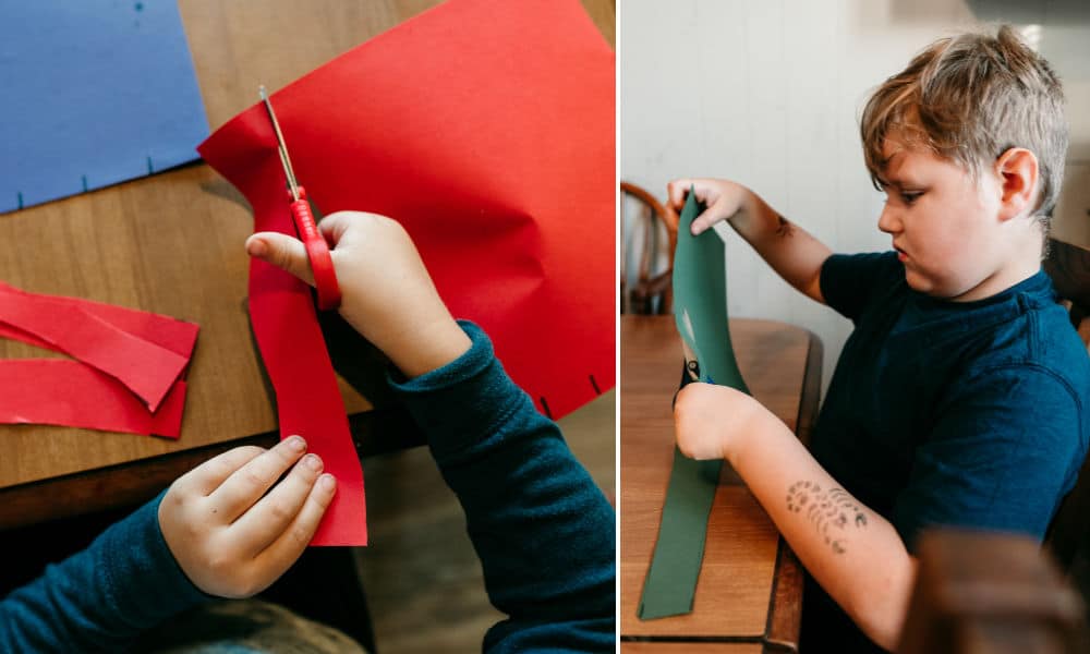 2 image collage of boys cutting paper strips to make a Thankfulness Paper Chain