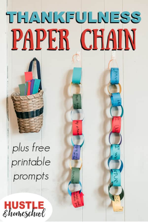 Thankfulness Paper Chain Activity for kids, picture of 2 paper chains and basket with paper strips in it.