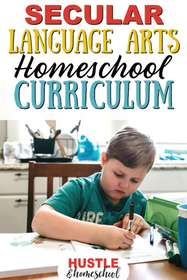 Secular language arts homeschool curriculum text overlay with picture of boy sitting in a chair at the table doing a worksheet.