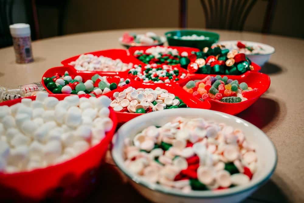 Candy in serving tray to use to decorate gingerbread houses