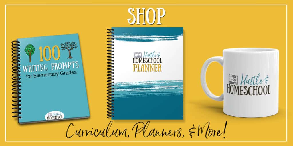 Two spiral bound notebooks and a mug on a yellow background. All are Hustle and Homeschool products.