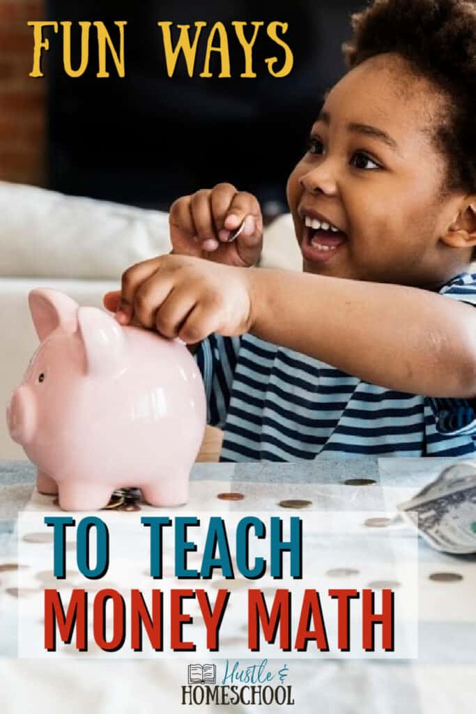 little boy learning money math with piggy bank, coins, and dollar bills