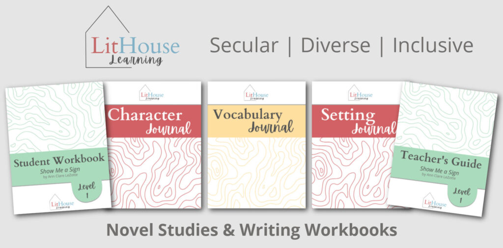 LitHouse Learning promotional image that shows the covers of the student workbook, character journal, vocabulary journal, setting journal, and teacher's guide.