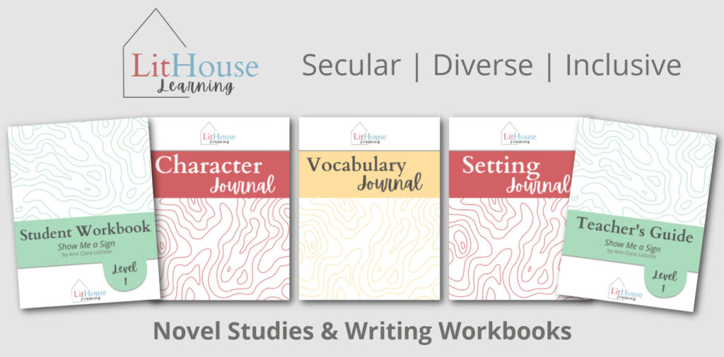 LitHouse Learning Promotional Image featuring the covers of the student workbook, character journal, vocabulary journal, setting journal, and teacher's guide.